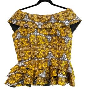 RARE Designer Debby African Stitches Rhinestone Gold Peplum Top Women’s M/L?